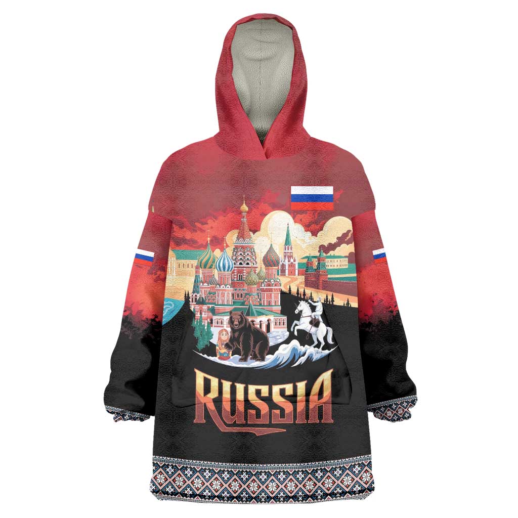 Russia Flag Red and Black Pullover Wearable Blanket Hoodie with Moscow Skyline Bear and Horse Design