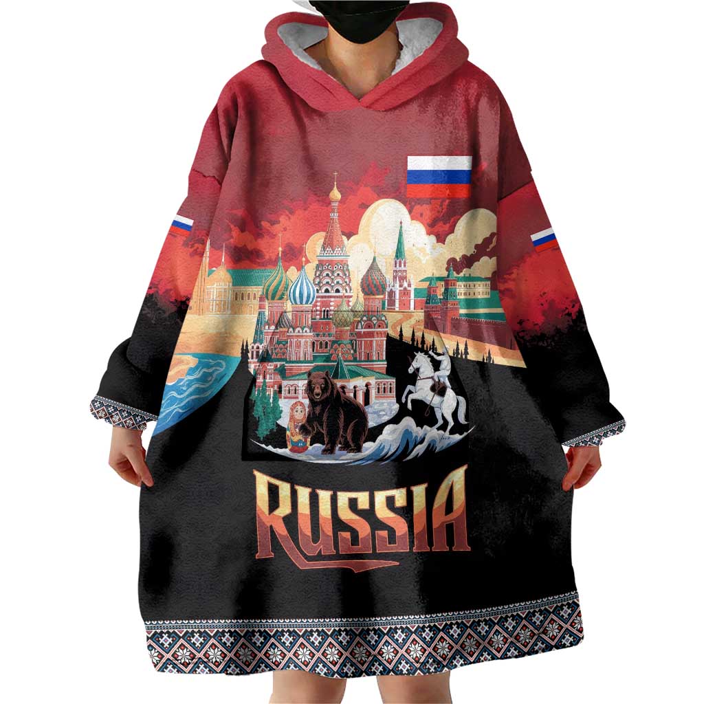 Russia Flag Red and Black Pullover Wearable Blanket Hoodie with Moscow Skyline Bear and Horse Design