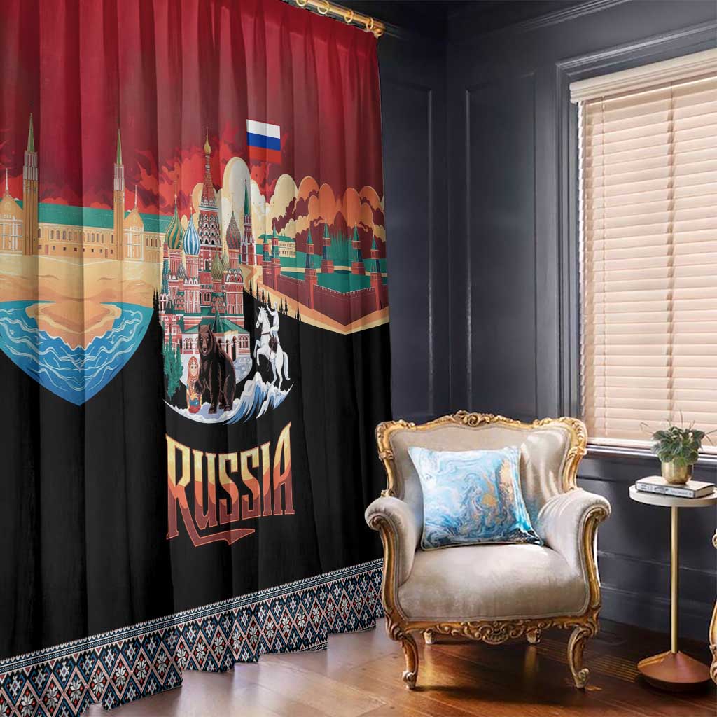 Russia Flag Red and Black Pullover Window Curtain with Moscow Skyline Bear and Horse Design