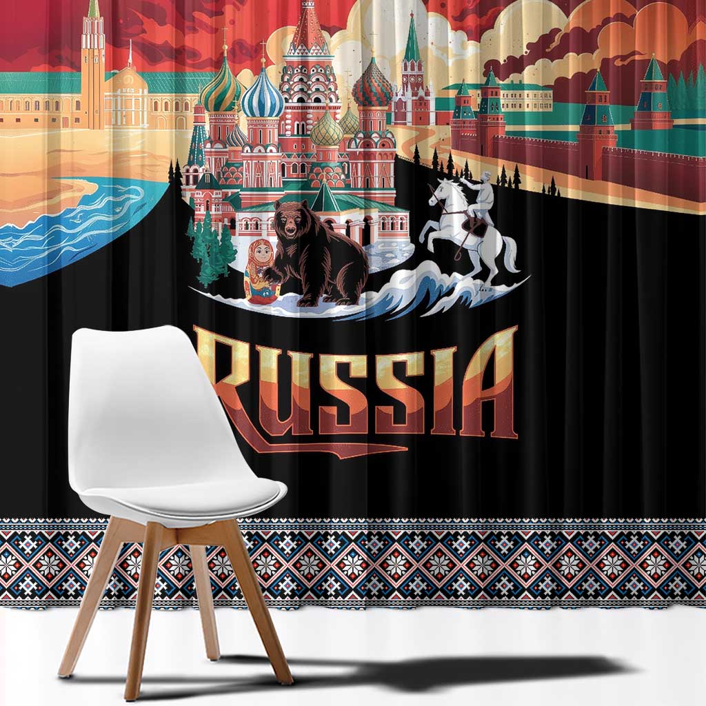 Russia Flag Red and Black Pullover Window Curtain with Moscow Skyline Bear and Horse Design
