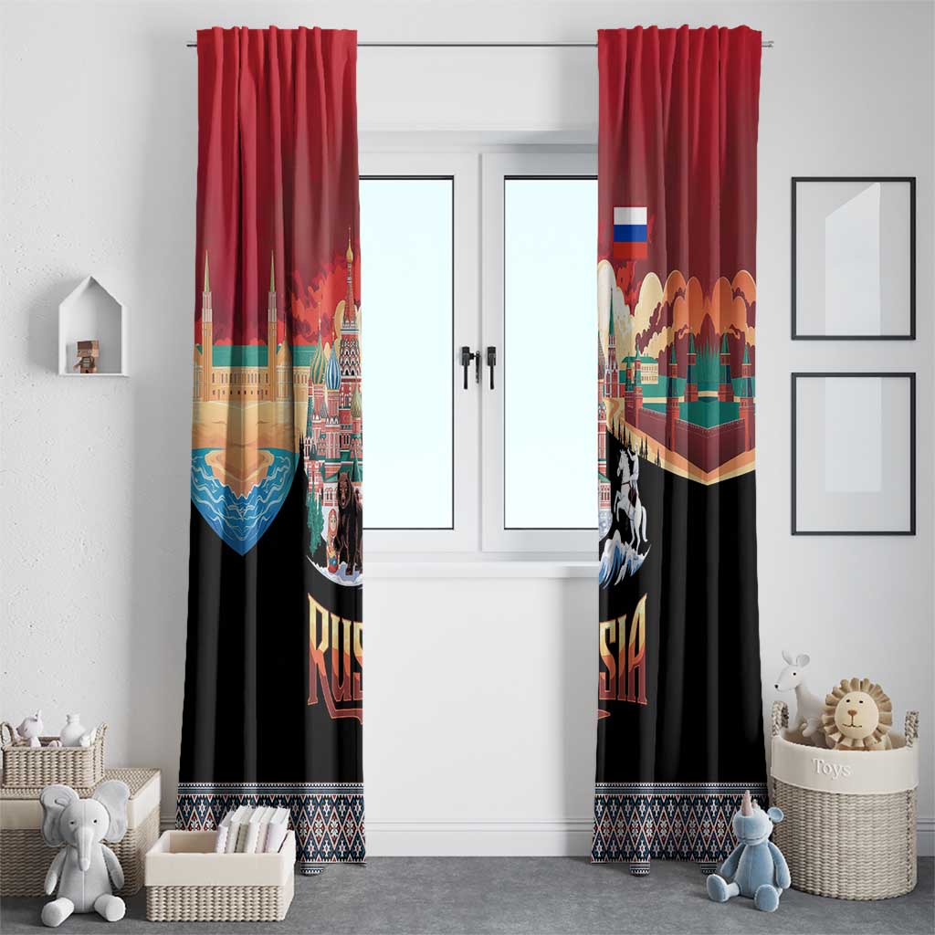 Russia Flag Red and Black Pullover Window Curtain with Moscow Skyline Bear and Horse Design