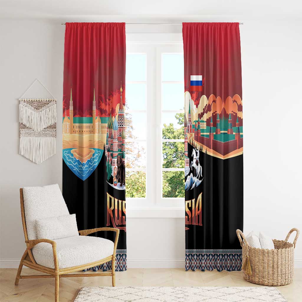Russia Flag Red and Black Pullover Window Curtain with Moscow Skyline Bear and Horse Design