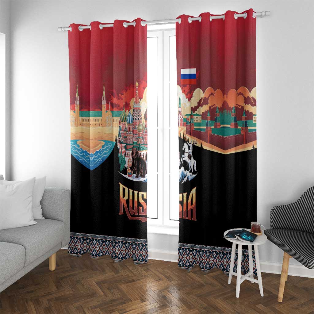 Russia Flag Red and Black Pullover Window Curtain with Moscow Skyline Bear and Horse Design