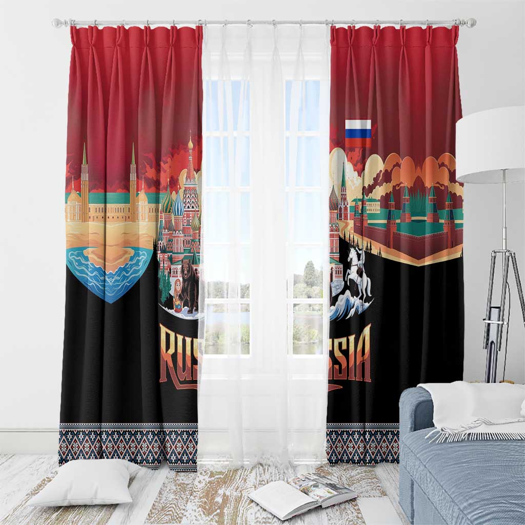Russia Flag Red and Black Pullover Window Curtain with Moscow Skyline Bear and Horse Design