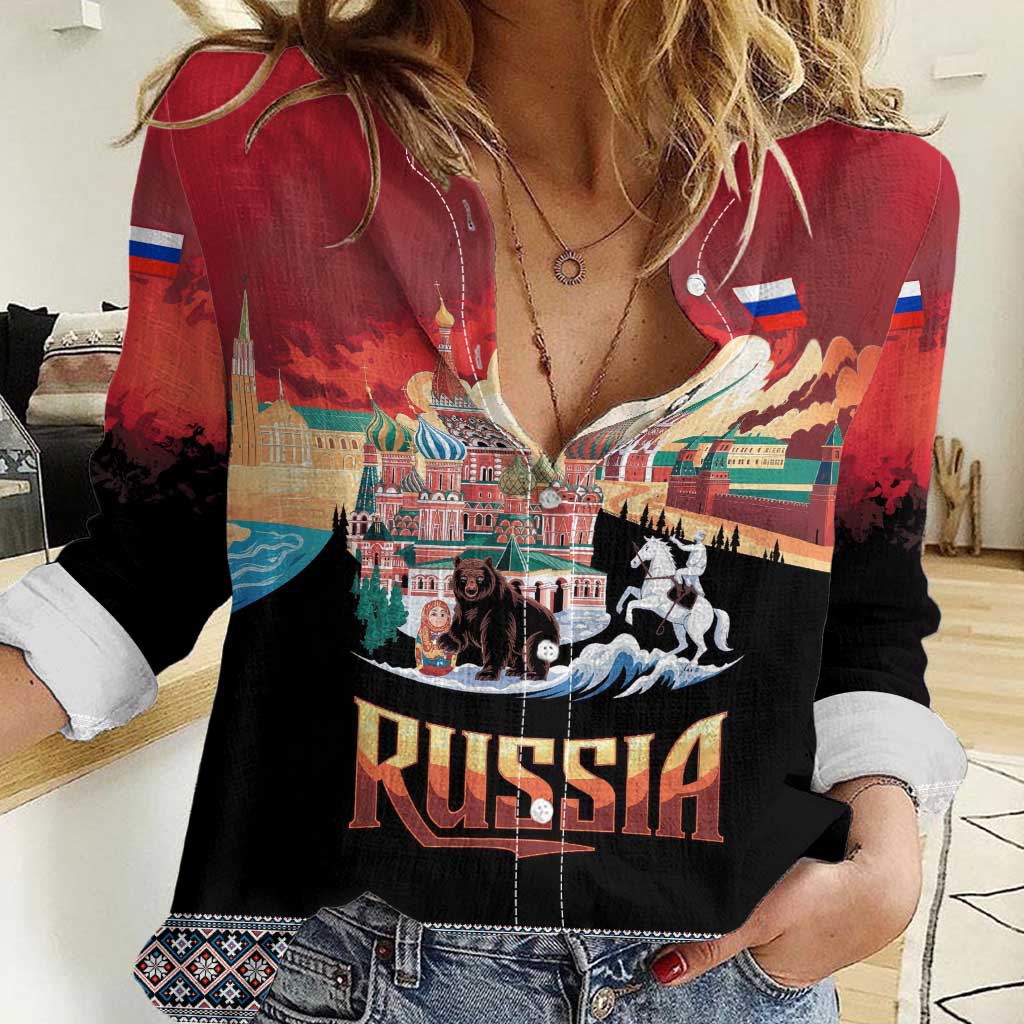 Russia Flag Red and Black Pullover Women Casual Shirt with Moscow Skyline Bear and Horse Design