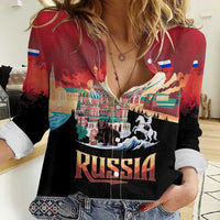 Russia Flag Red and Black Pullover Women Casual Shirt with Moscow Skyline Bear and Horse Design