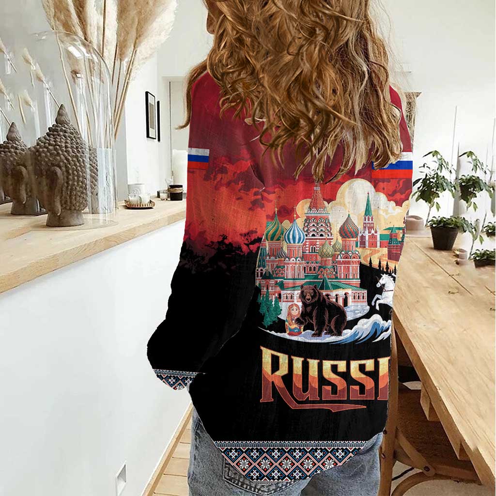 Russia Flag Red and Black Pullover Women Casual Shirt with Moscow Skyline Bear and Horse Design