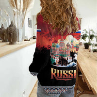 Russia Flag Red and Black Pullover Women Casual Shirt with Moscow Skyline Bear and Horse Design
