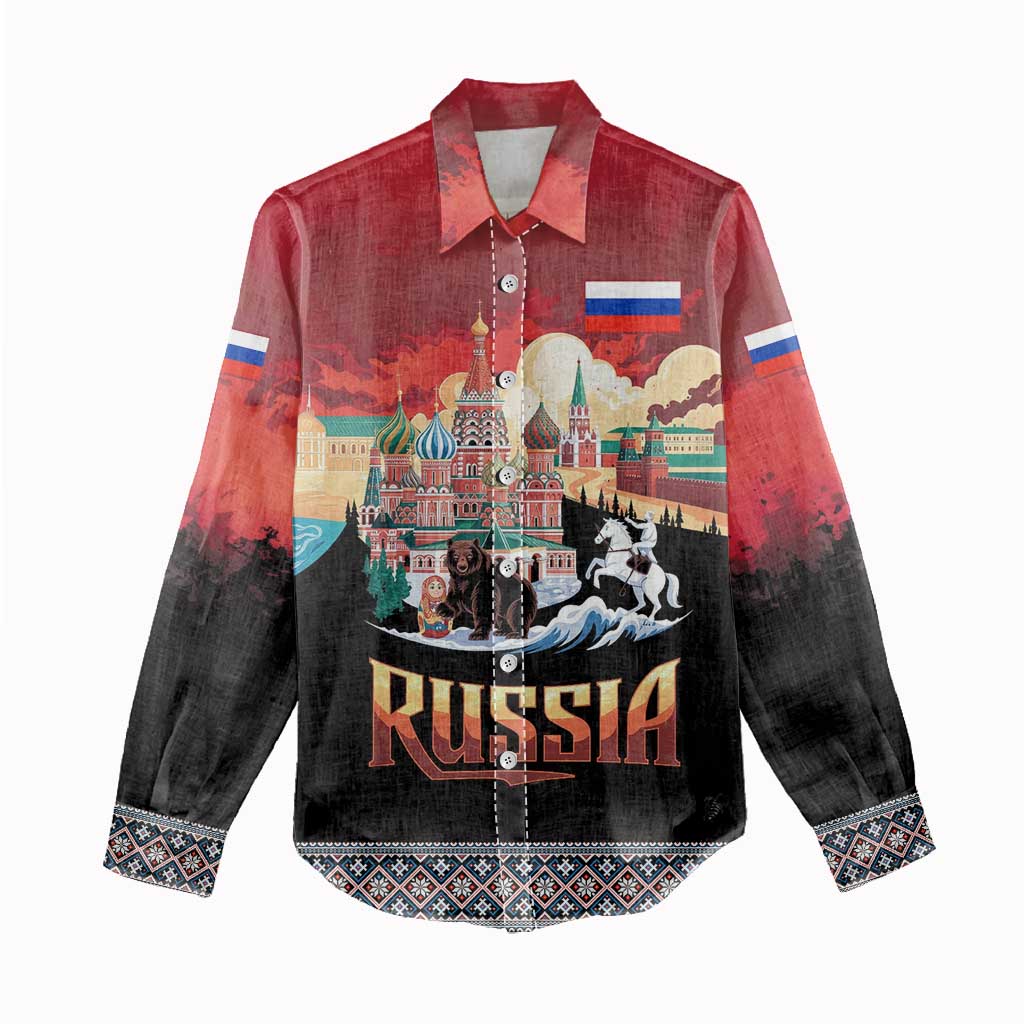 Russia Flag Red and Black Pullover Women Casual Shirt with Moscow Skyline Bear and Horse Design