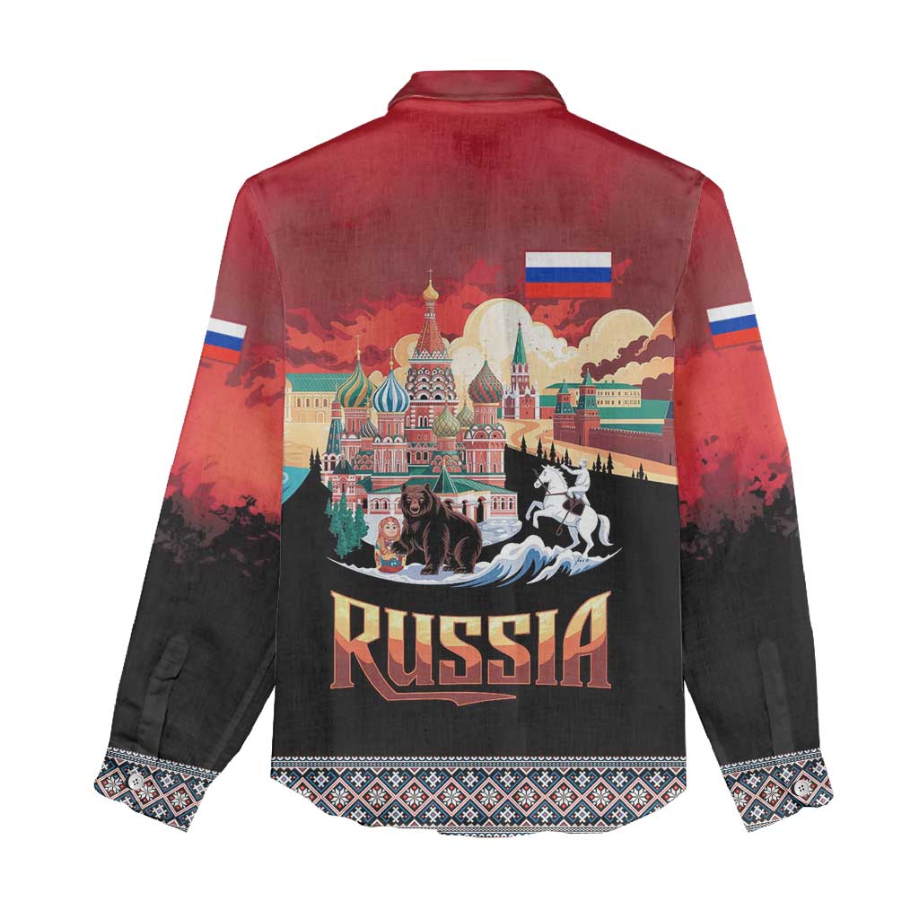 Russia Flag Red and Black Pullover Women Casual Shirt with Moscow Skyline Bear and Horse Design
