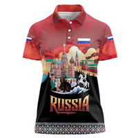 Russia Flag Red and Black Pullover Women Polo Shirt with Moscow Skyline Bear and Horse Design
