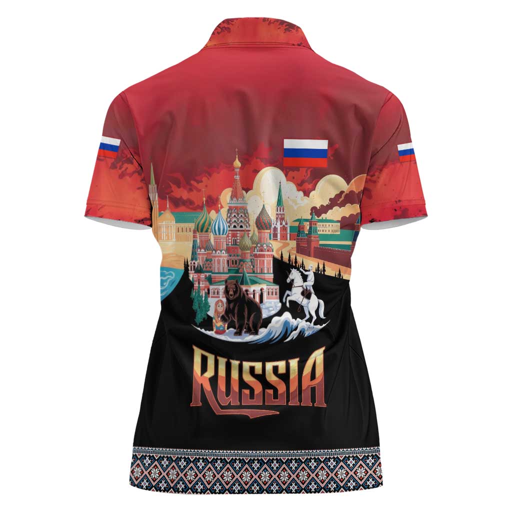 Russia Flag Red and Black Pullover Women Polo Shirt with Moscow Skyline Bear and Horse Design