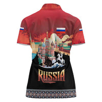 Russia Flag Red and Black Pullover Women Polo Shirt with Moscow Skyline Bear and Horse Design