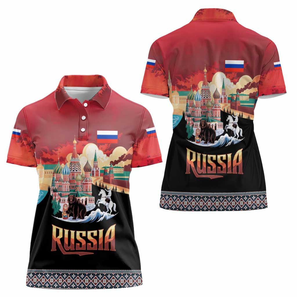 Russia Flag Red and Black Pullover Women Polo Shirt with Moscow Skyline Bear and Horse Design