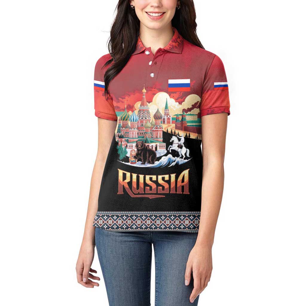 Russia Flag Red and Black Pullover Women Polo Shirt with Moscow Skyline Bear and Horse Design