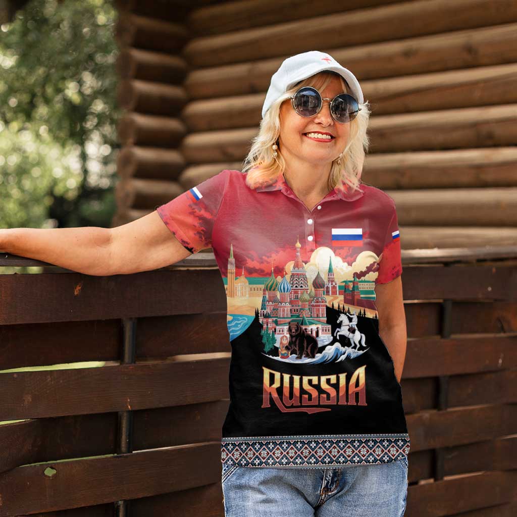 Russia Flag Red and Black Pullover Women Polo Shirt with Moscow Skyline Bear and Horse Design
