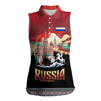 Russia Flag Red and Black Pullover Women Sleeveless Polo Shirt with Moscow Skyline Bear and Horse Design