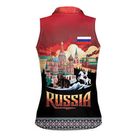 Russia Flag Red and Black Pullover Women Sleeveless Polo Shirt with Moscow Skyline Bear and Horse Design