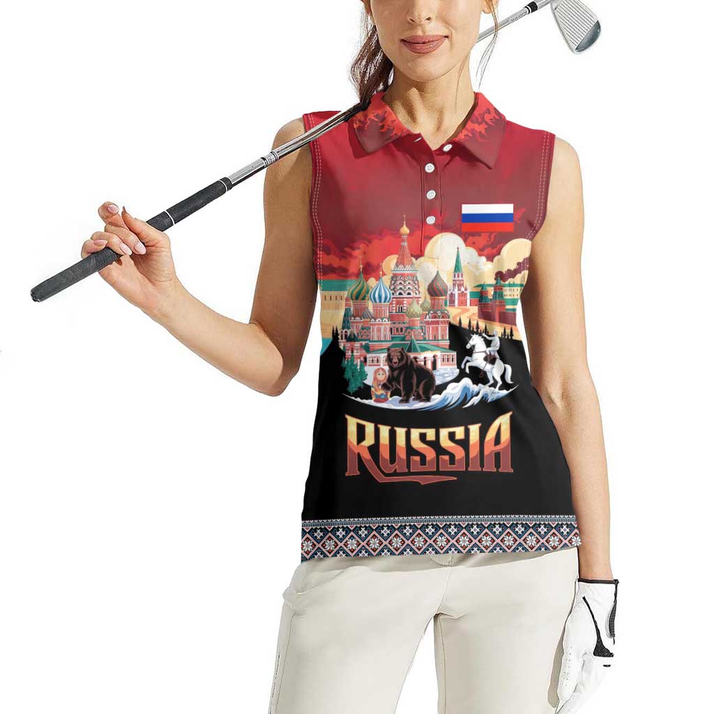 Russia Flag Red and Black Pullover Women Sleeveless Polo Shirt with Moscow Skyline Bear and Horse Design