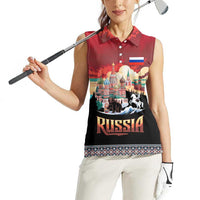 Russia Flag Red and Black Pullover Women Sleeveless Polo Shirt with Moscow Skyline Bear and Horse Design