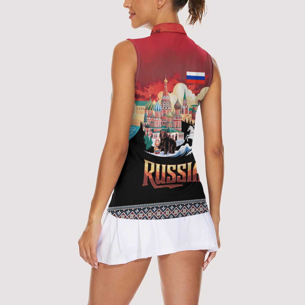 Russia Flag Red and Black Pullover Women Sleeveless Polo Shirt with Moscow Skyline Bear and Horse Design