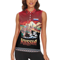 Russia Flag Red and Black Pullover Women Sleeveless Polo Shirt with Moscow Skyline Bear and Horse Design