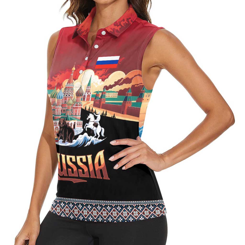 Russia Flag Red and Black Pullover Women Sleeveless Polo Shirt with Moscow Skyline Bear and Horse Design