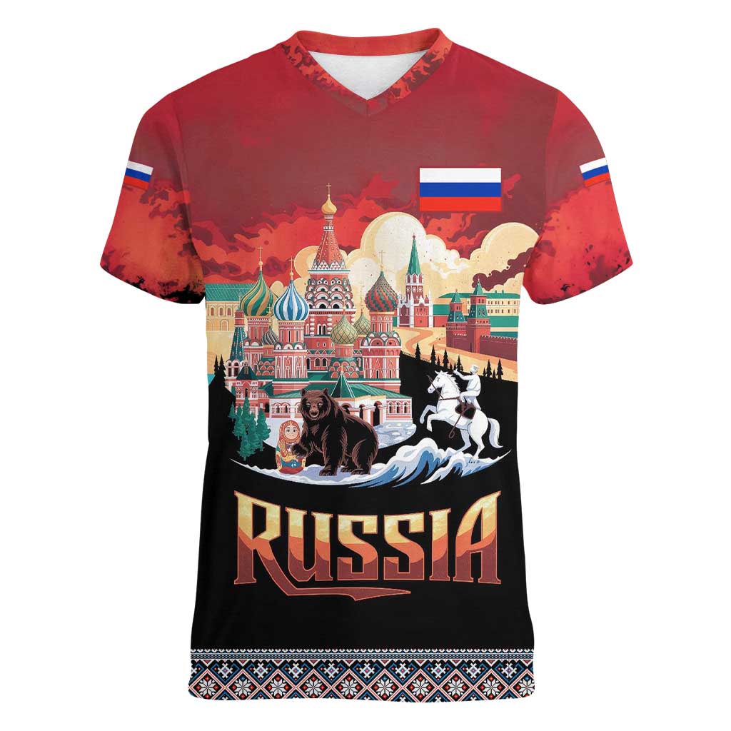 Russia Flag Red and Black Pullover Women V-Neck T-Shirt with Moscow Skyline Bear and Horse Design