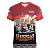 Russia Flag Red and Black Pullover Women V-Neck T-Shirt with Moscow Skyline Bear and Horse Design
