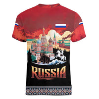Russia Flag Red and Black Pullover Women V-Neck T-Shirt with Moscow Skyline Bear and Horse Design