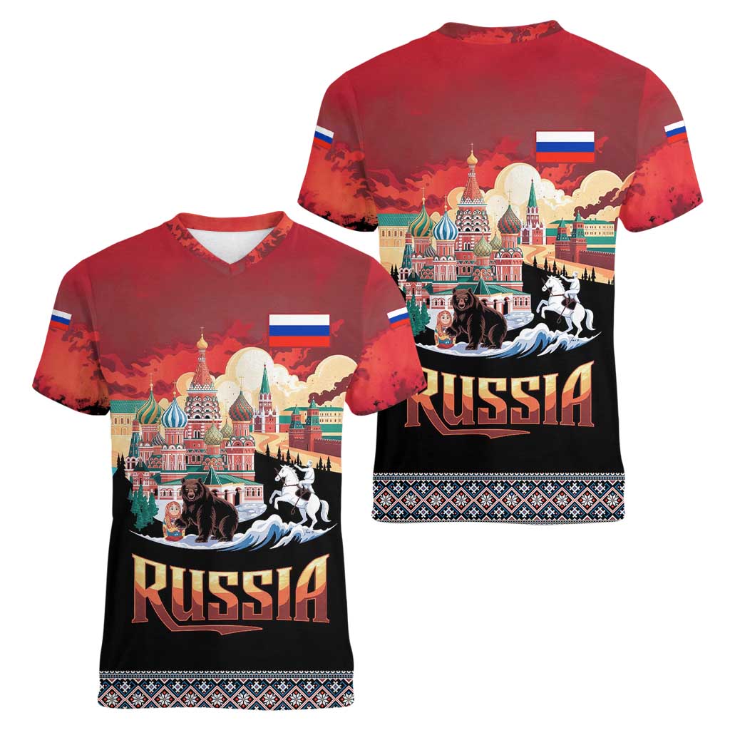 Russia Flag Red and Black Pullover Women V-Neck T-Shirt with Moscow Skyline Bear and Horse Design