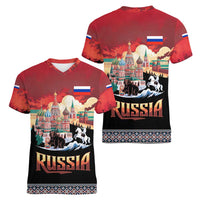 Russia Flag Red and Black Pullover Women V-Neck T-Shirt with Moscow Skyline Bear and Horse Design