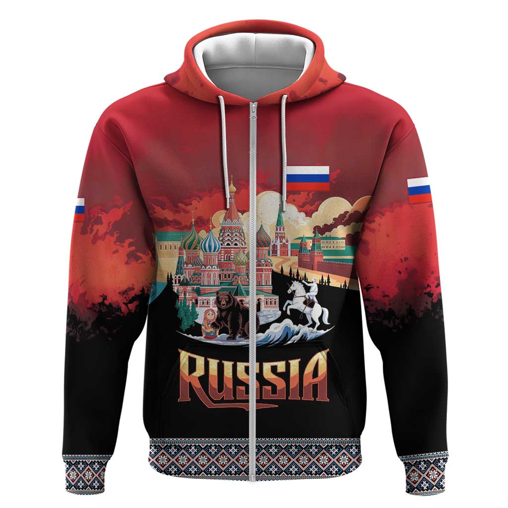 Russia Flag Red and Black Pullover Zip Hoodie with Moscow Skyline Bear and Horse Design