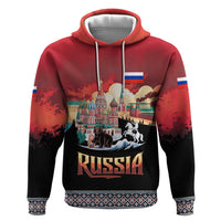 Russia Flag Red and Black Pullover Zip Hoodie with Moscow Skyline Bear and Horse Design