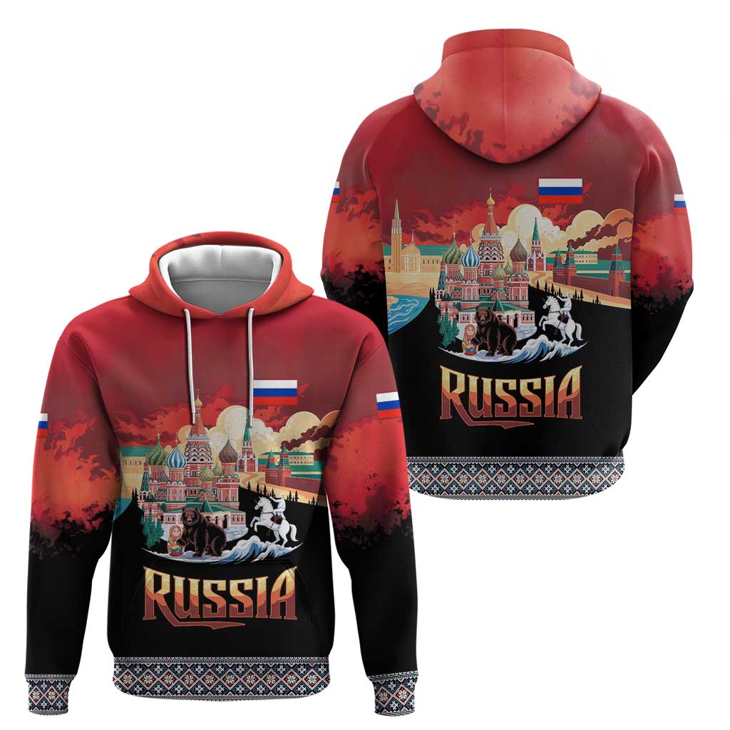 Russia Flag Red and Black Pullover Zip Hoodie with Moscow Skyline Bear and Horse Design