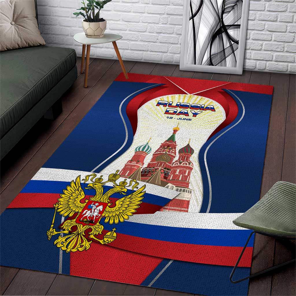 Russia Day Area Rug with Kremlin Illustration, National Emblem, and Flag Stripes