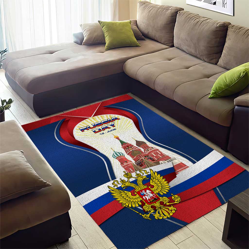 Russia Day Area Rug with Kremlin Illustration, National Emblem, and Flag Stripes