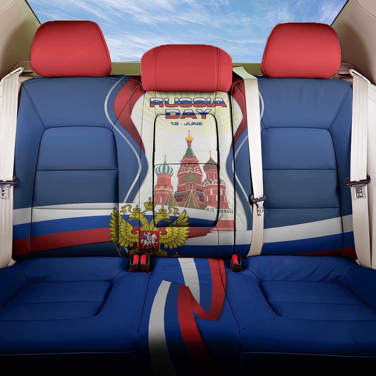 Russia Day Back Car Seat Cover with Kremlin Illustration, National Emblem, and Flag Stripes
