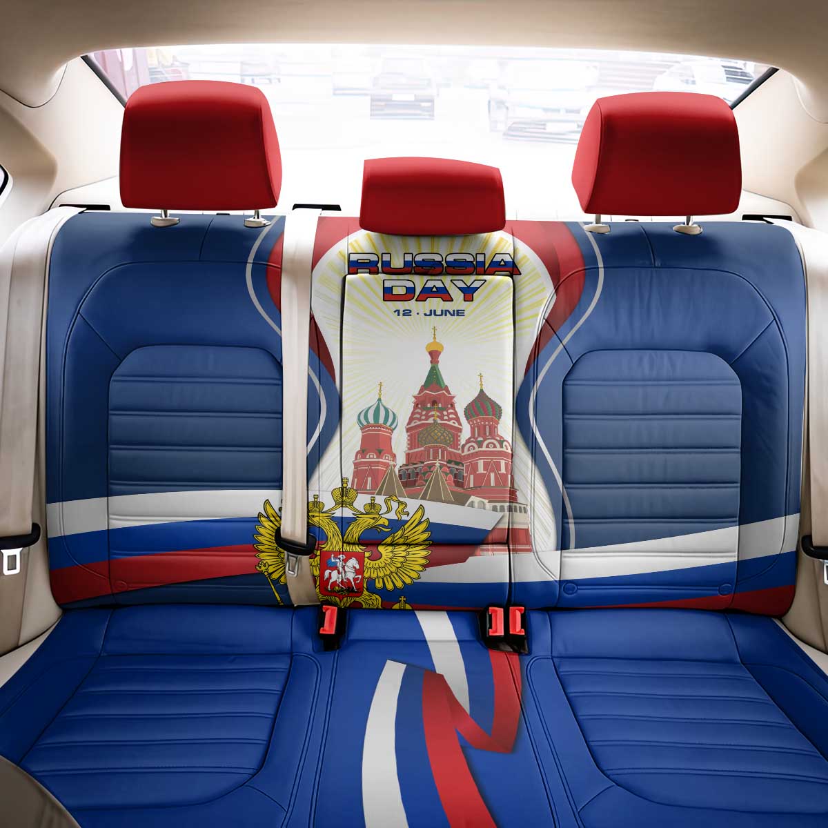 Russia Day Back Car Seat Cover with Kremlin Illustration, National Emblem, and Flag Stripes