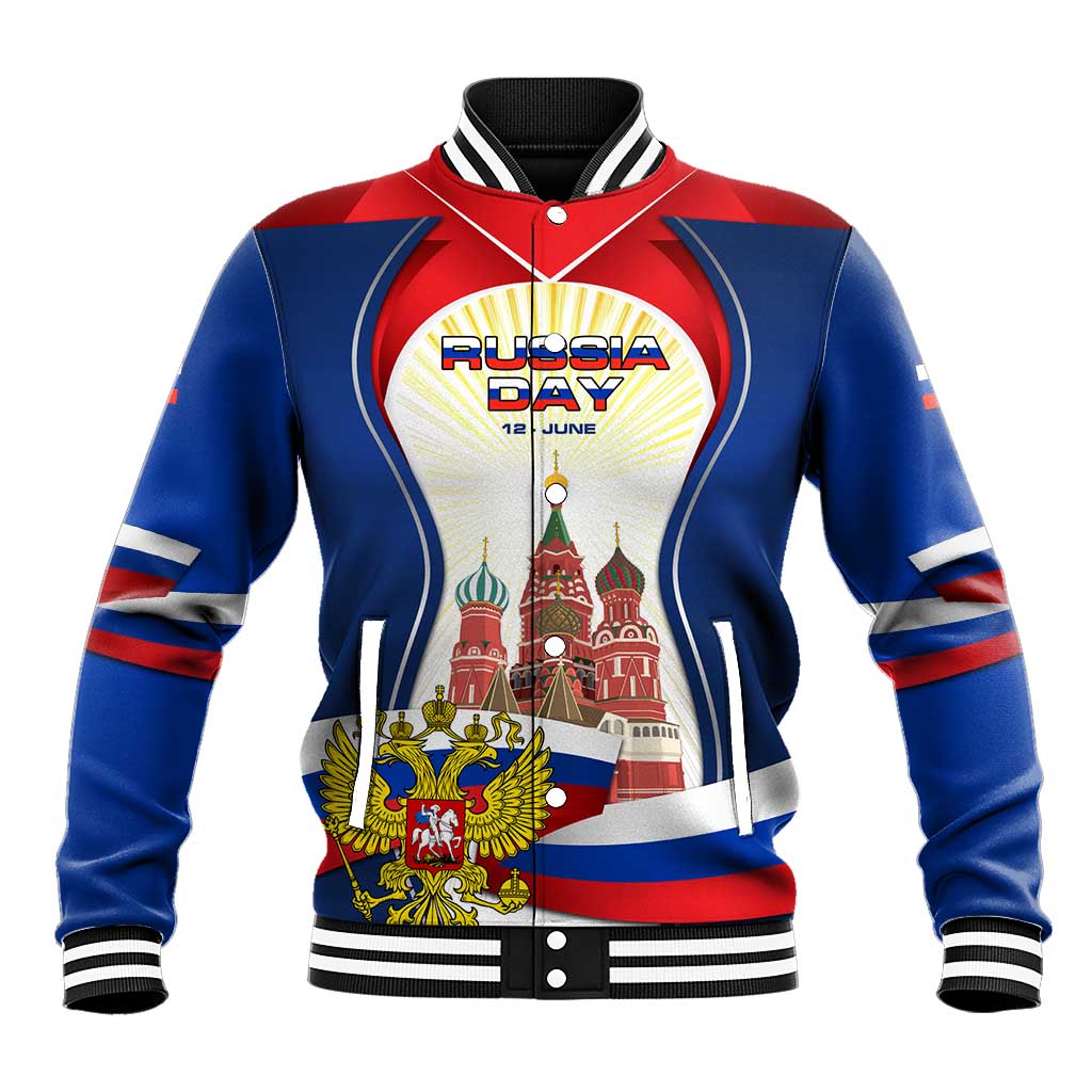 Russia Day Baseball Jacket with Kremlin Illustration, National Emblem, and Flag Stripes