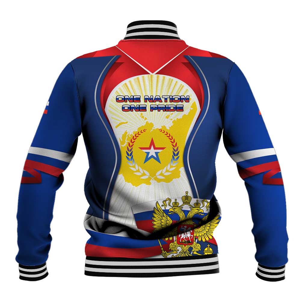 Russia Day Baseball Jacket with Kremlin Illustration, National Emblem, and Flag Stripes
