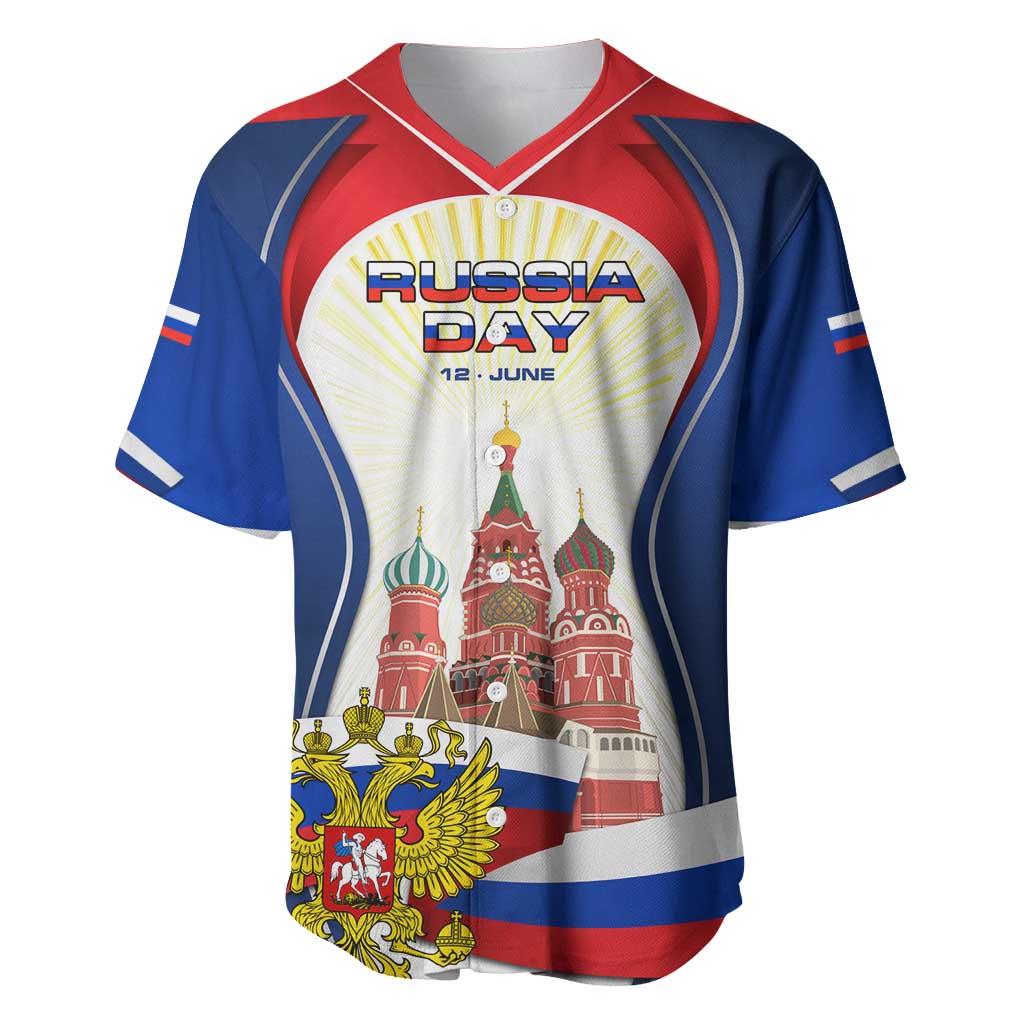 Russia Day Baseball Jersey with Kremlin Illustration, National Emblem, and Flag Stripes