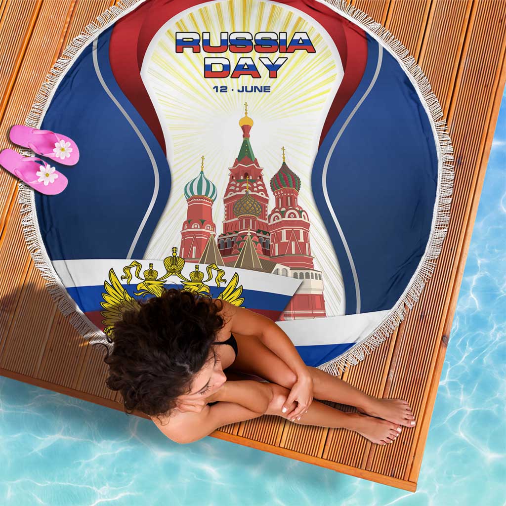 Russia Day Beach Blanket with Kremlin Illustration, National Emblem, and Flag Stripes
