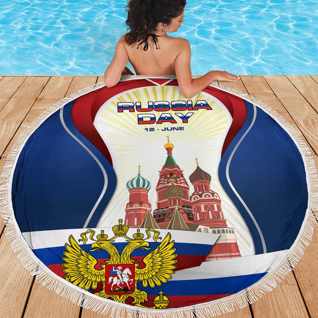 Russia Day Beach Blanket with Kremlin Illustration, National Emblem, and Flag Stripes