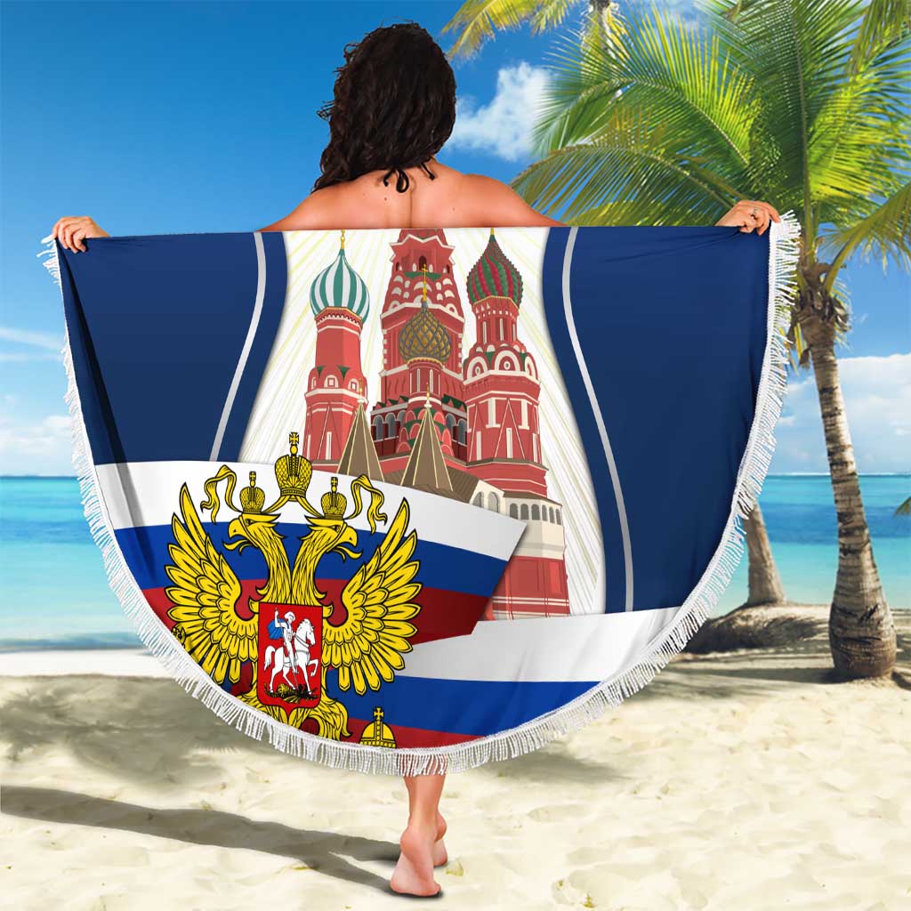 Russia Day Beach Blanket with Kremlin Illustration, National Emblem, and Flag Stripes
