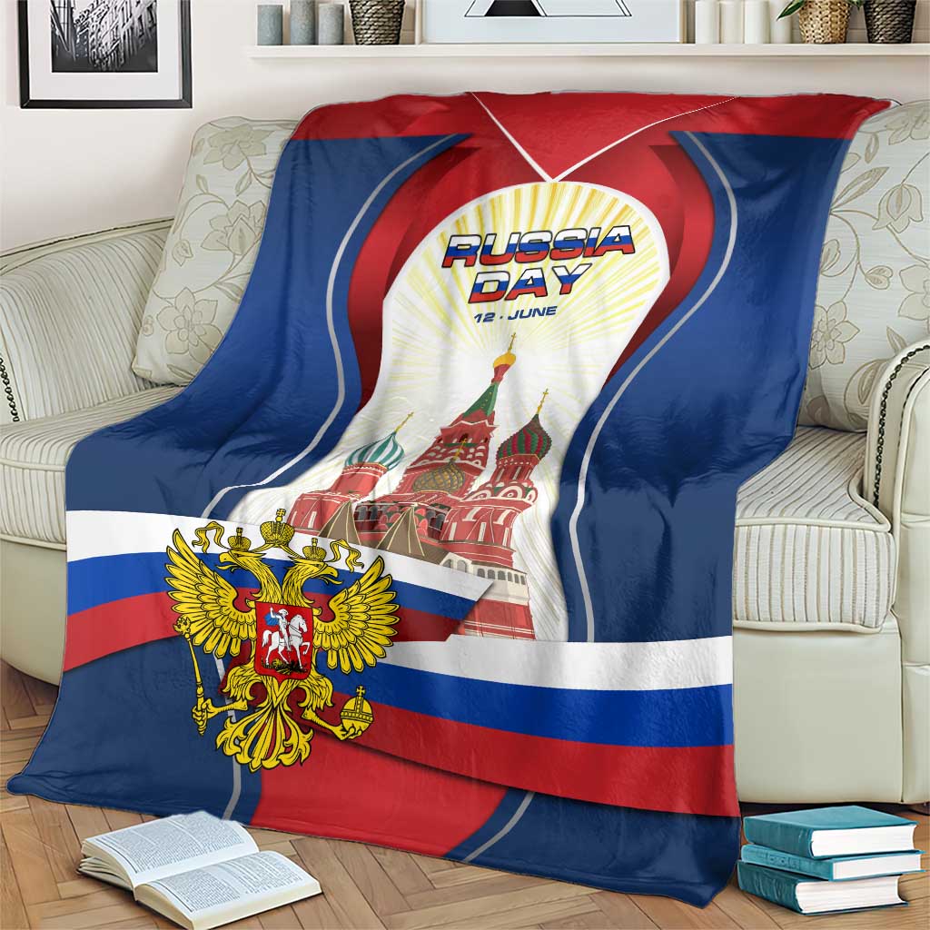 Russia Day Blanket with Kremlin Illustration, National Emblem, and Flag Stripes