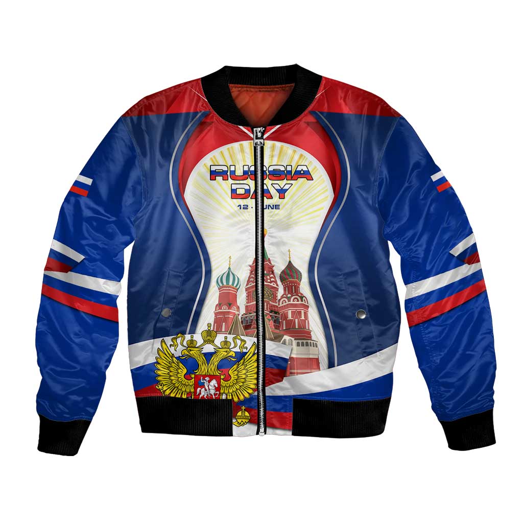 Russia Day Bomber Jacket with Kremlin Illustration, National Emblem, and Flag Stripes