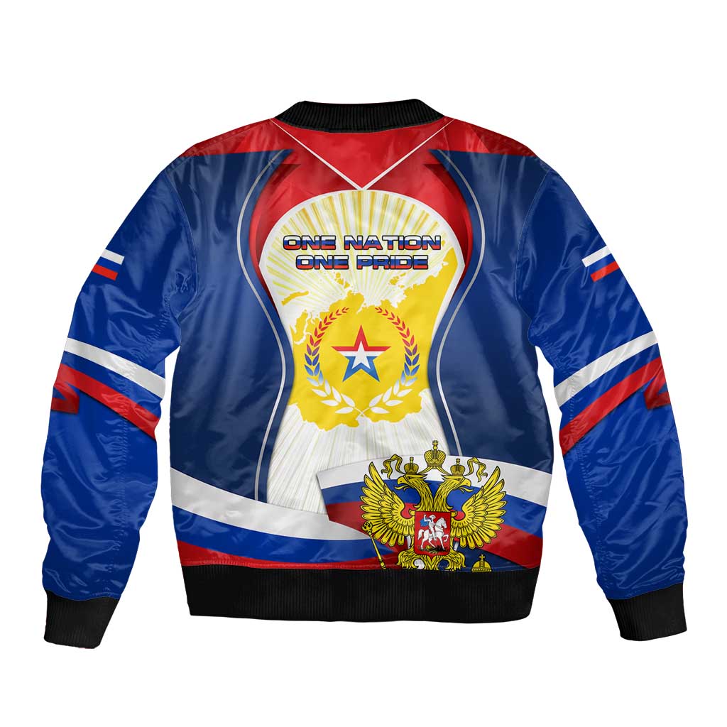 Russia Day Bomber Jacket with Kremlin Illustration, National Emblem, and Flag Stripes