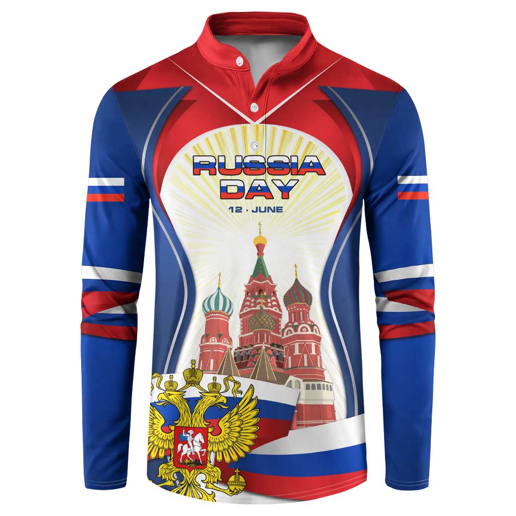 Russia Day Button Sweatshirt with Kremlin Illustration, National Emblem, and Flag Stripes