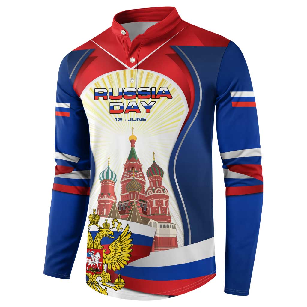 Russia Day Button Sweatshirt with Kremlin Illustration, National Emblem, and Flag Stripes